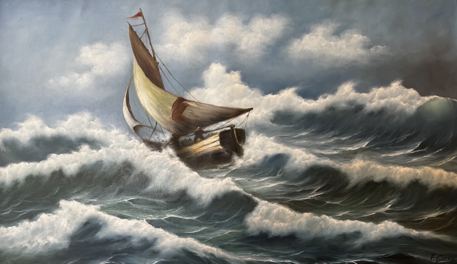 Oil painting of a sailboat weathering a storm at sea